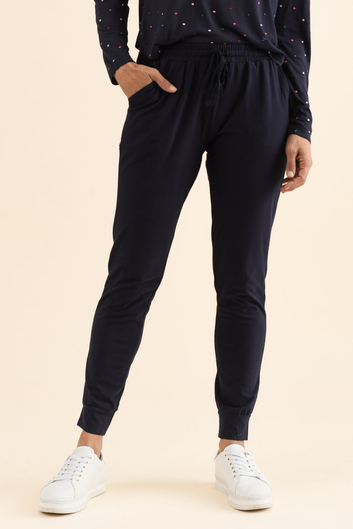 Heidi Navy Cuffed Jogger Pants,Front,Brunette model,alt text|model:Cara