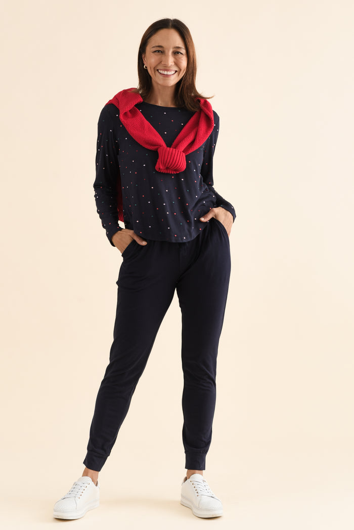 Heidi Navy Cuffed Jogger Pants,Full Body,Brunette model,alt text|model:Cara