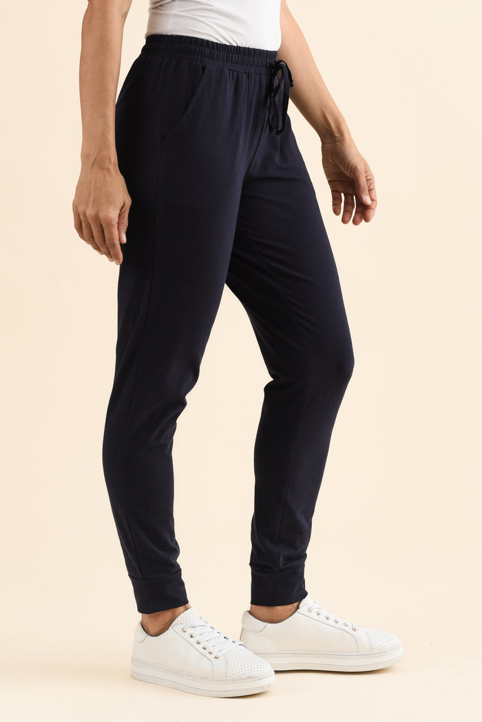 Heidi Navy Cuffed Jogger Pants,Side,Brunette model,alt text|model:Cara