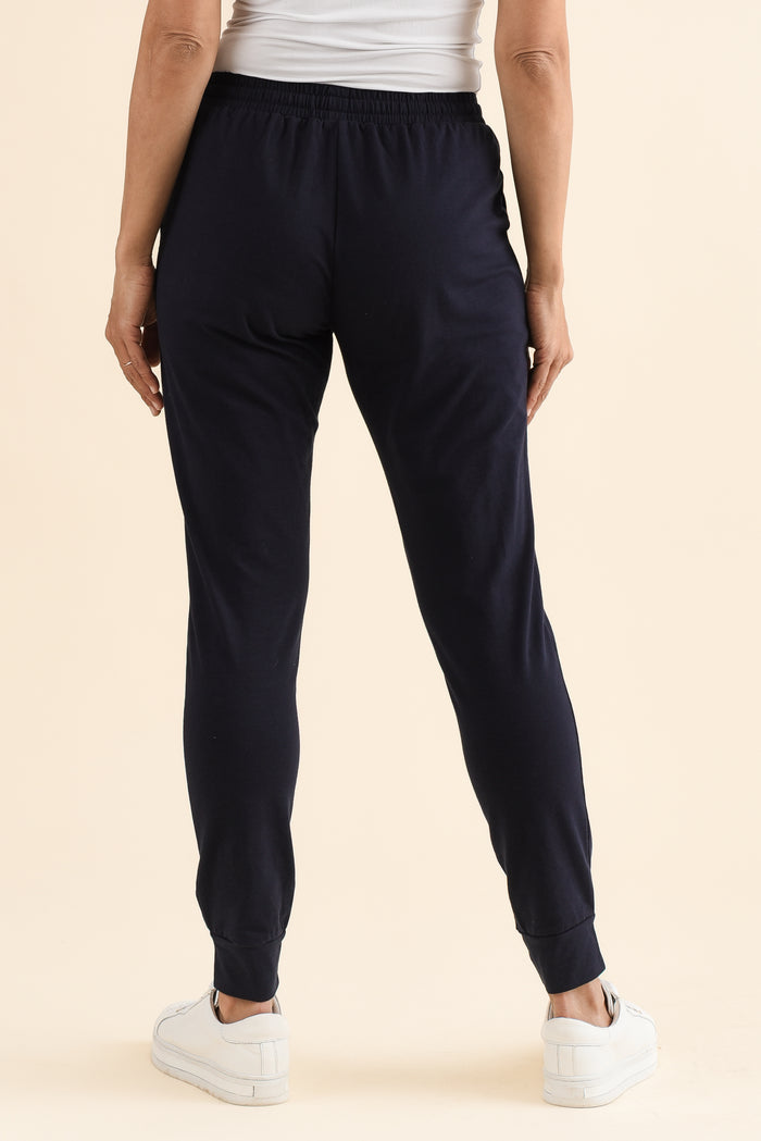 Heidi Navy Cuffed Jogger Pants,Back,Brunette model,alt text|model:Cara