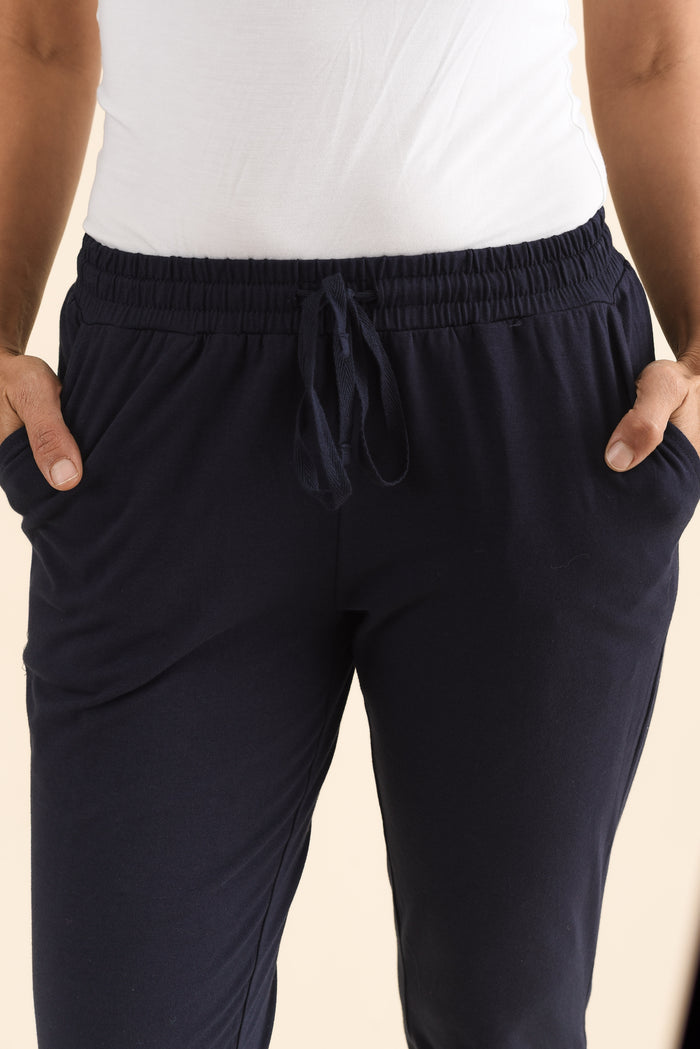Heidi Navy Cuffed Jogger Pants,Detail,Brunette model,alt text|model:Cara