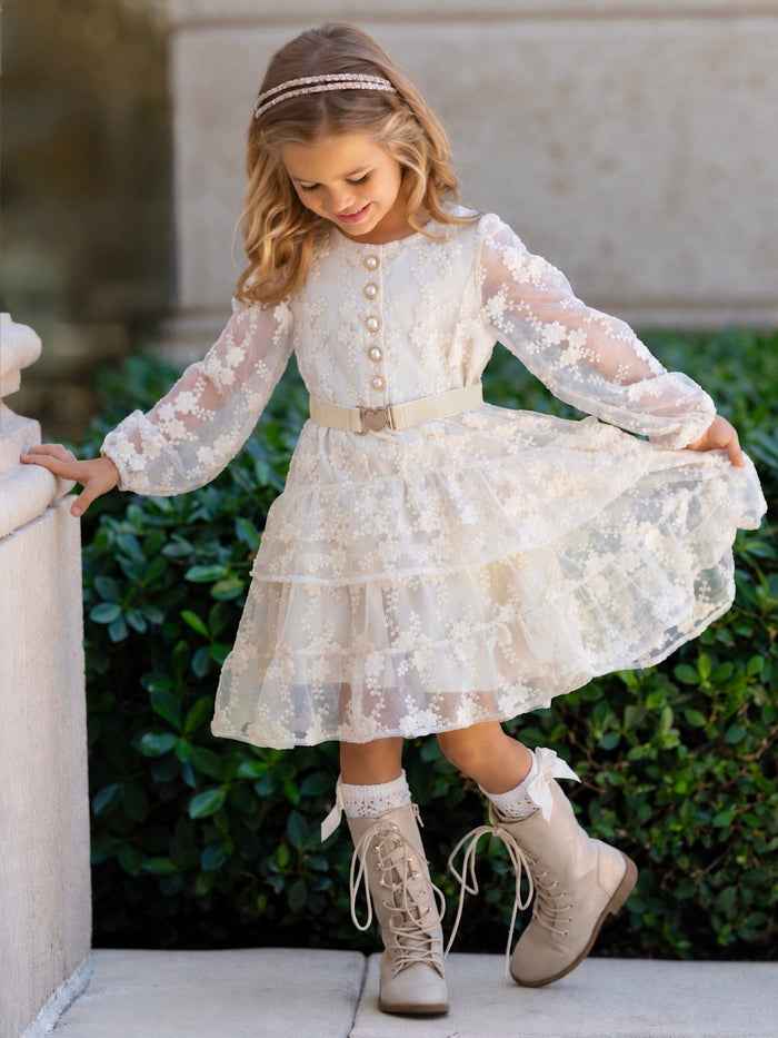 Heirloom Ivory Floral Lace Belted Dress