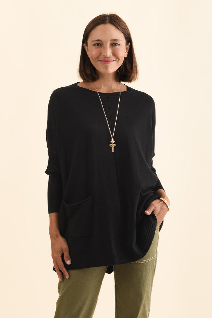 Helsinki Black Knit Pocket Jumper,Brunette model,alt text|model:Cara