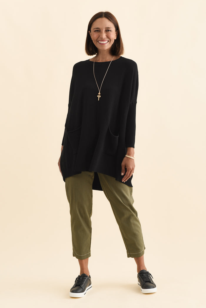 Helsinki Black Knit Pocket Jumper,Brunette model,alt text|model:Cara