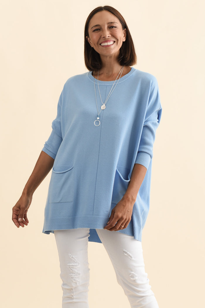 Helsinki Blue Knit Pocket Jumper,Brunette model,alt text|model:Cara