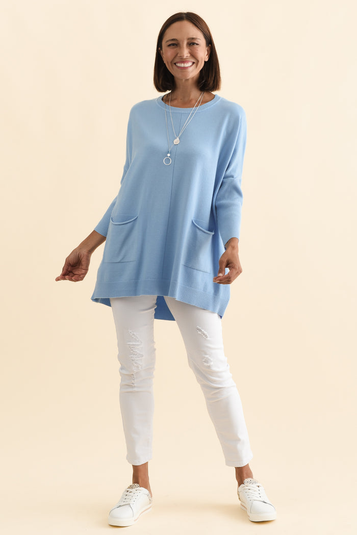 Helsinki Blue Knit Pocket Jumper,Brunette model,alt text|model:Cara