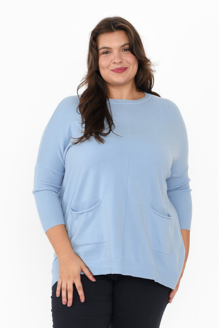 Helsinki Blue Knit Pocket Jumper,Brunette model,plus-size,curve-tops,plus-size-sleeved-tops,plus-size-winter-clothing,curve-knits-jackets,plus-size-jumpers,alt text|model:Gabby