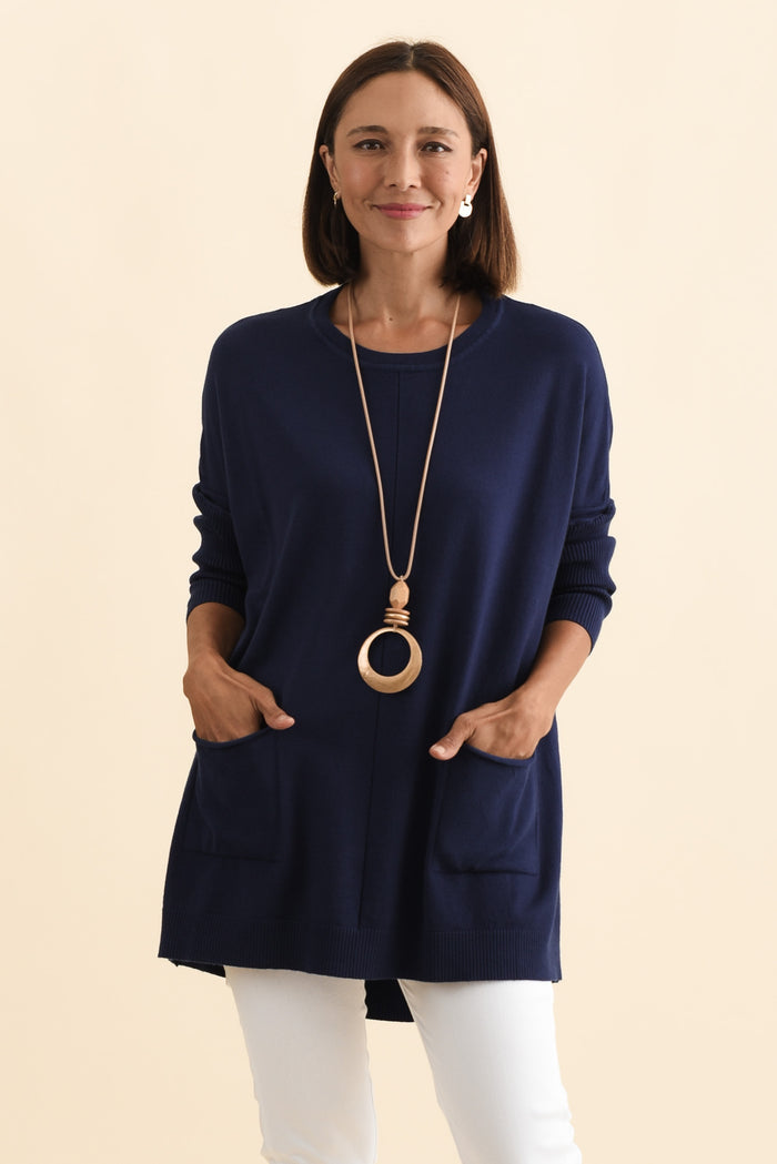 Helsinki Navy Knit Pocket Jumper,Brunette model,alt text|model:Cara