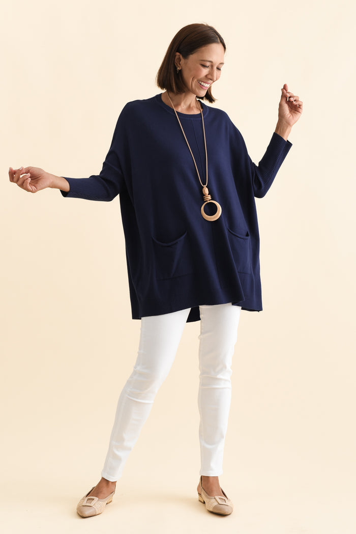 Helsinki Navy Knit Pocket Jumper,Brunette model,alt text|model:Cara