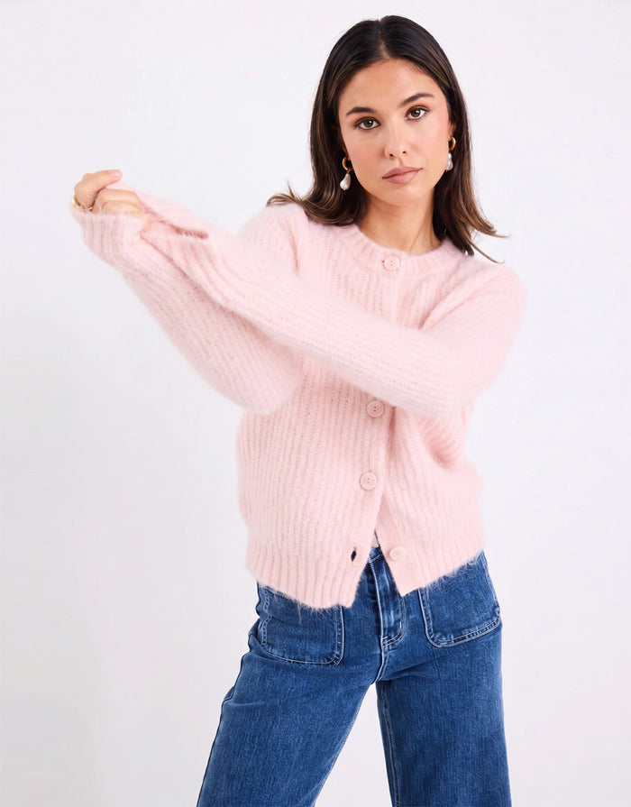 Highlight Mohair Blend Crewneck Cardigan - Pink