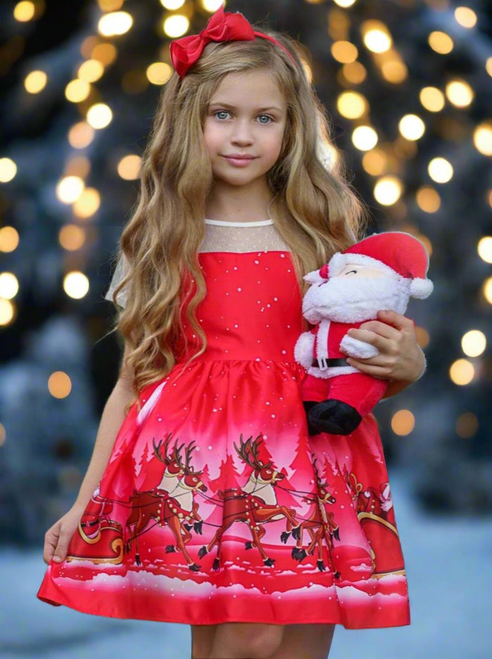 Girls Christmas Dresses | Sheer Sleeve Reindeer Holiday Scene Dress