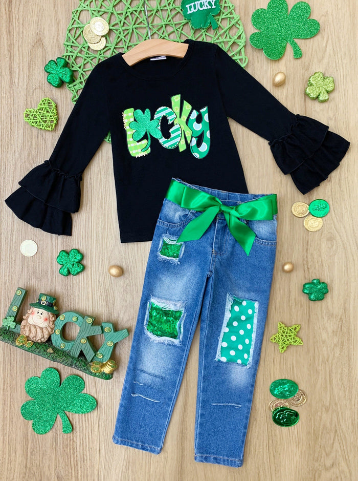 St. Patrick's Day Clothing | Girls Lucky Top and Patched Jeans Set