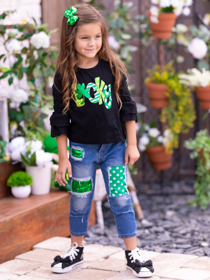 St. Patrick's Day Clothing | Girls Lucky Top and Patched Jeans Set