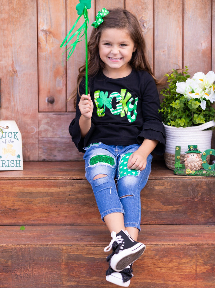 St. Patrick's Day Clothing | Girls Lucky Top and Patched Jeans Set