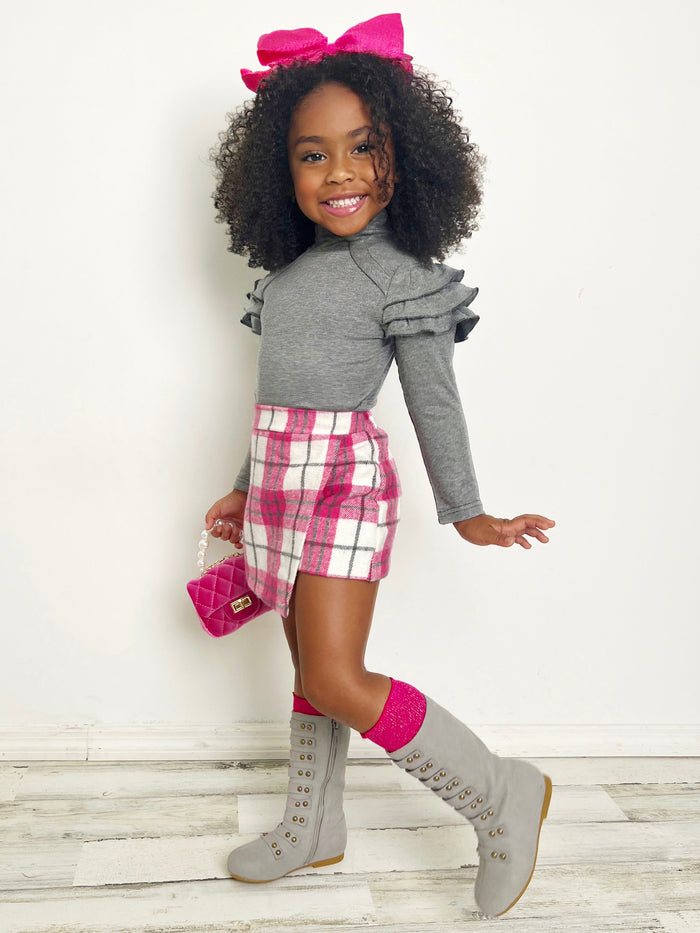 In Vogue Ruffle Sleeve Sweater & Checkered Skort Set