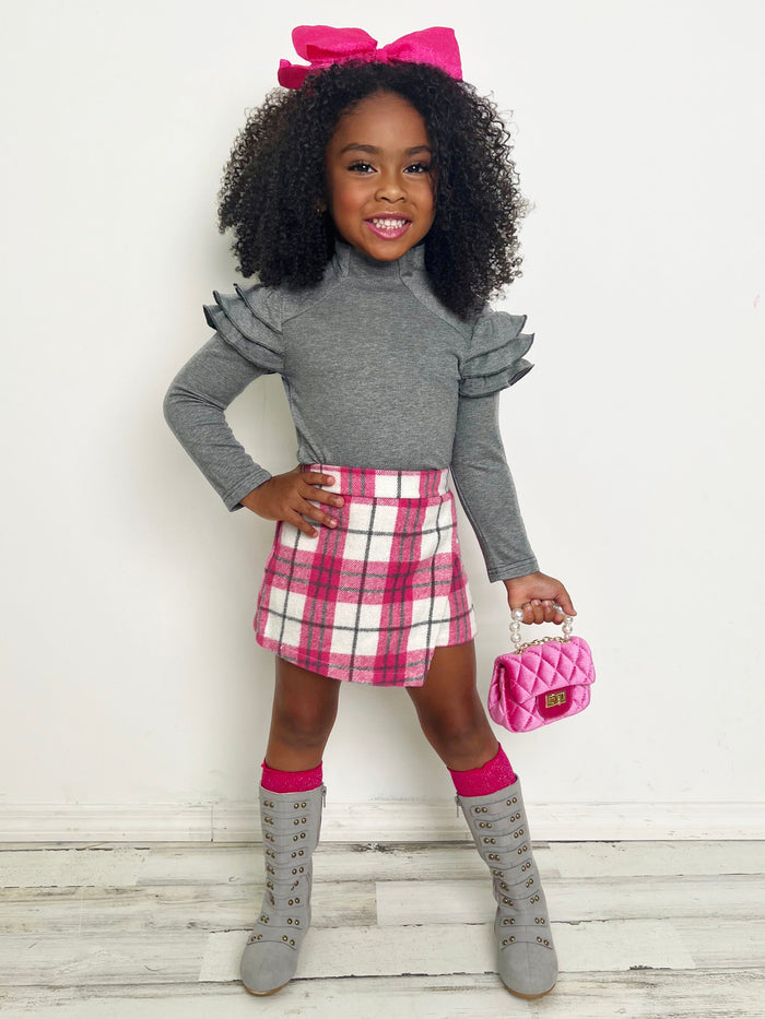 In Vogue Ruffle Sleeve Sweater & Checkered Skort Set