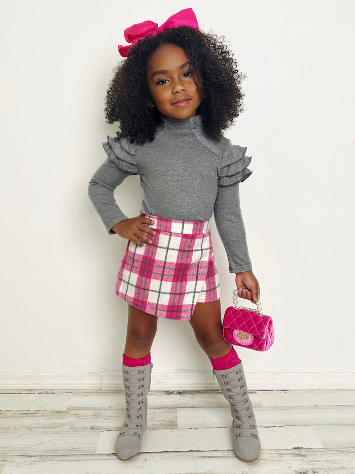 In Vogue Ruffle Sleeve Sweater & Checkered Skort Set