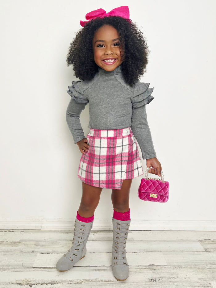 In Vogue Ruffle Sleeve Sweater & Checkered Skort Set