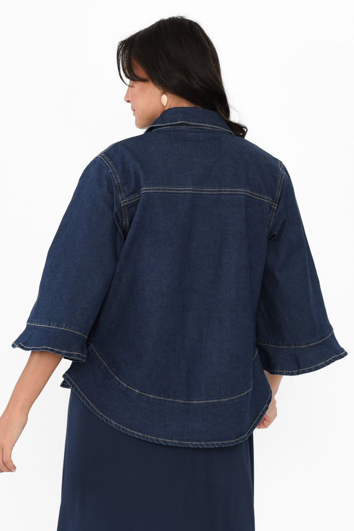Iris Blue Denim 3/4 Sleeved Jacket,Brunette model,alt text|model:Brontie