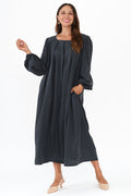 Jade Navy Puff Sleeve Dress,Brunette model,alt text|model:Cara