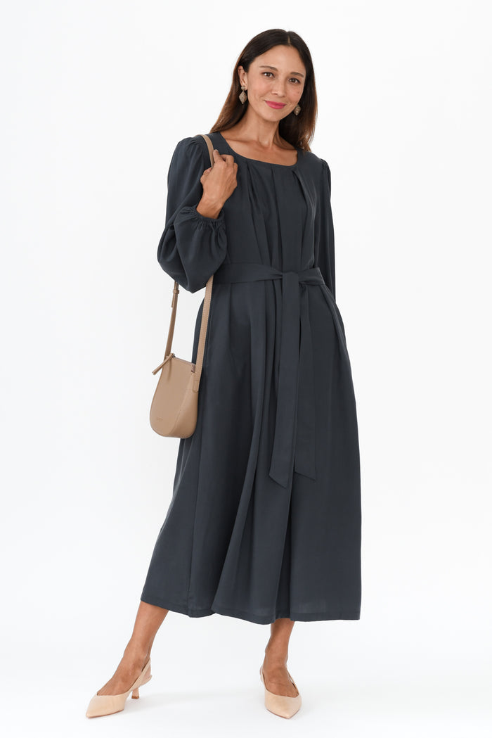 Jade Navy Puff Sleeve Dress,Brunette model,alt text|model:Cara