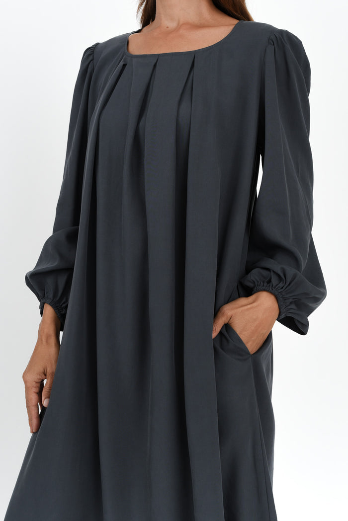 Jade Navy Puff Sleeve Dress,Brunette model,alt text|model:Cara