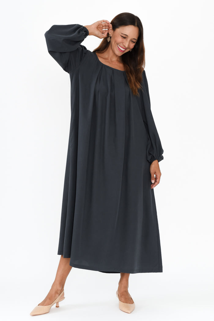 Jade Navy Puff Sleeve Dress,Brunette model,alt text|model:Cara