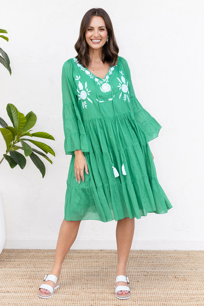 Jamaica Green Cotton Embroidered Dress,Lifestyle