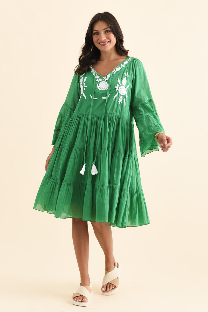 Jamaica Green Cotton Embroidered Dress,Brunette model,alt text|model:Brontie