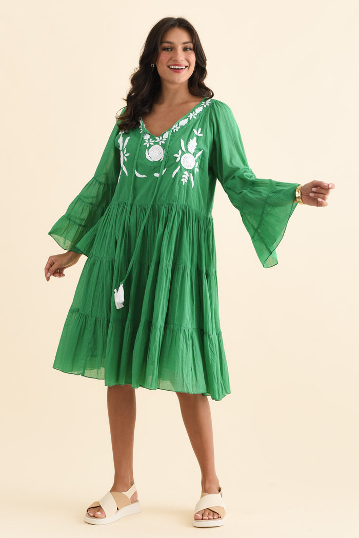 Jamaica Green Cotton Embroidered Dress,Brunette model,alt text|model:Brontie