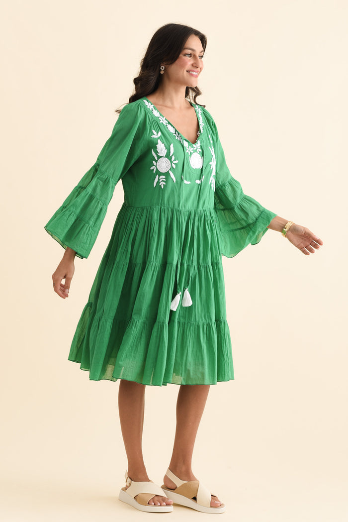 Jamaica Green Cotton Embroidered Dress,Brunette model,alt text|model:Brontie