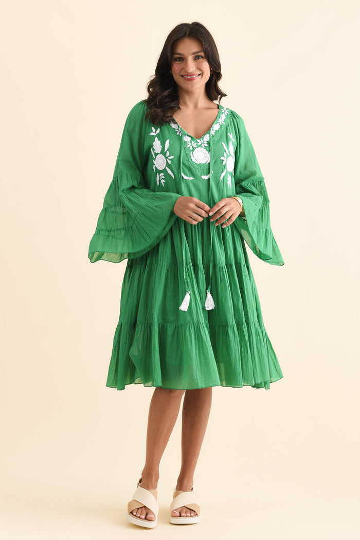 Jamaica Green Cotton Embroidered Dress,Brunette model,alt text|model:Brontie