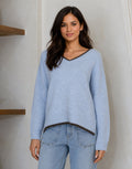 Jamie Contrast V Neck Knit - Blue/Choc