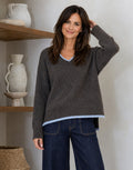 Jamie Contrast V Neck Knit - Choc/Blue