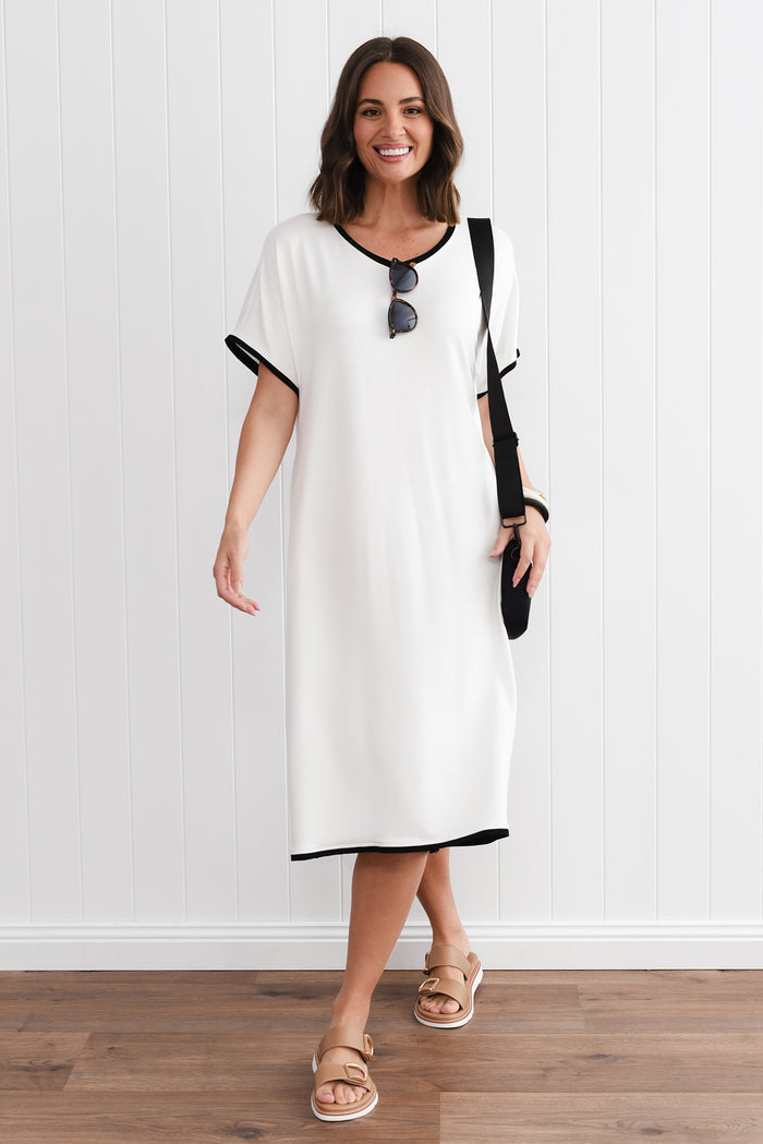 Jemima White Contrast V Neck Dress,Lifestyle