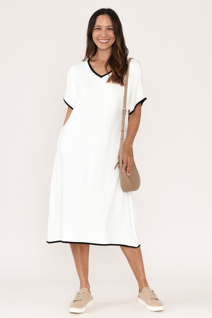 Jemima White Contrast V Neck Dress,Brunette model,alt text|model:Cara