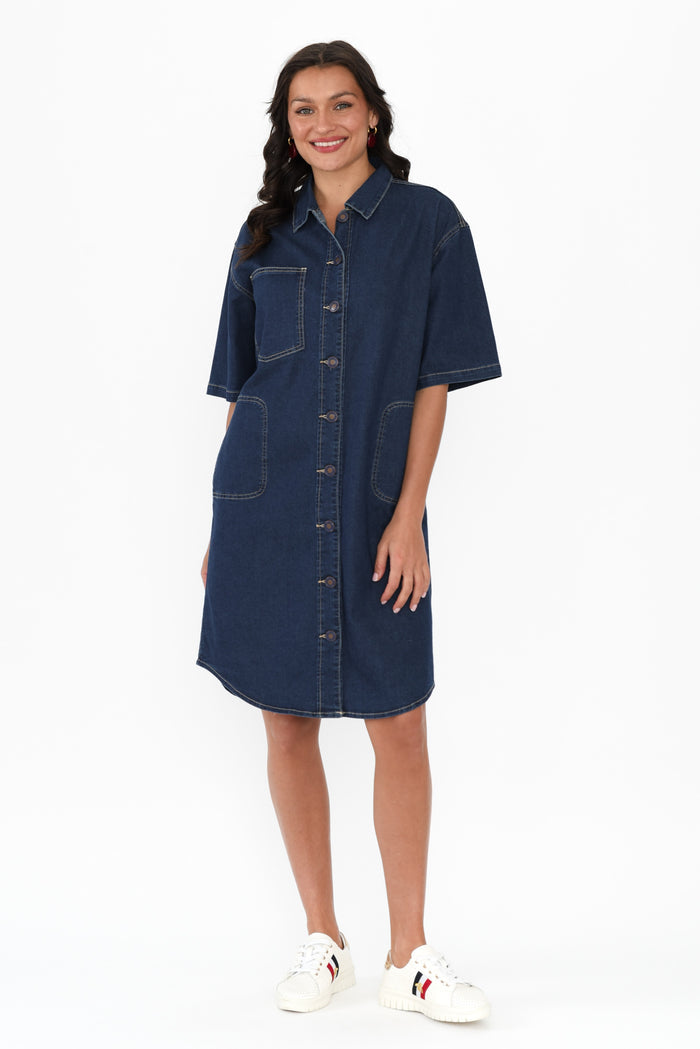 Jenna Blue Denim Shirt Dress,Brunette model,alt text|model:Brontie