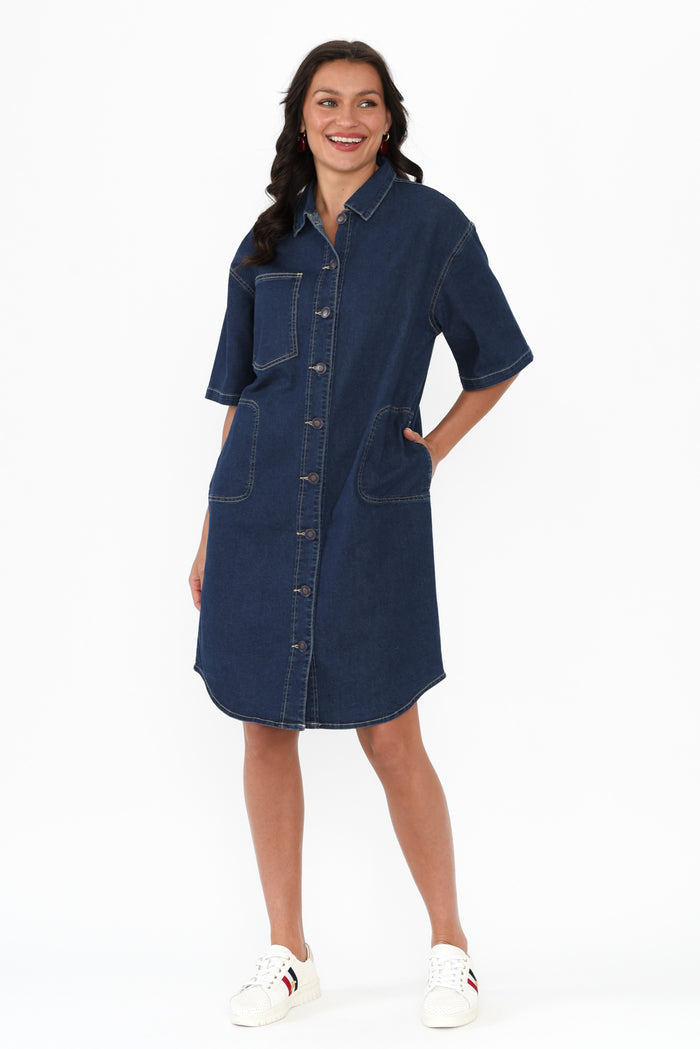Jenna Blue Denim Shirt Dress,Brunette model,alt text|model:Brontie