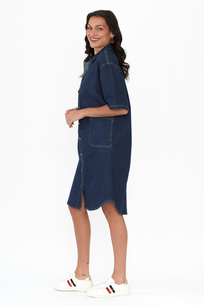 Jenna Blue Denim Shirt Dress,Brunette model,alt text|model:Brontie
