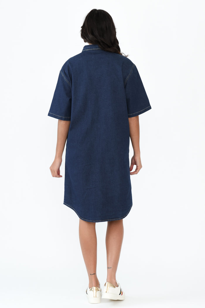 Jenna Blue Denim Shirt Dress,Brunette model,alt text|model:Brontie
