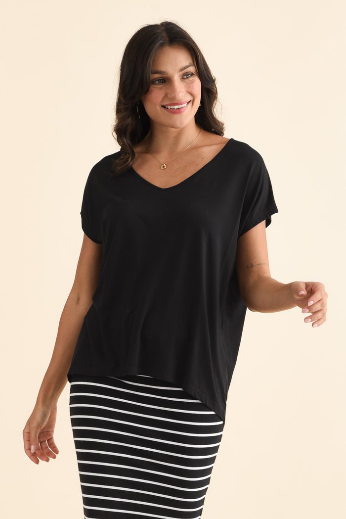 Jenner Black V Neck Tee,Brunette model,alt text|model:Brontie