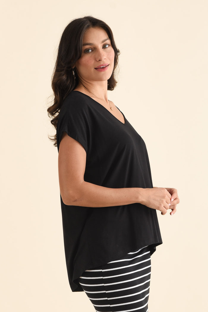 Jenner Black V Neck Tee,Brunette model,alt text|model:Brontie