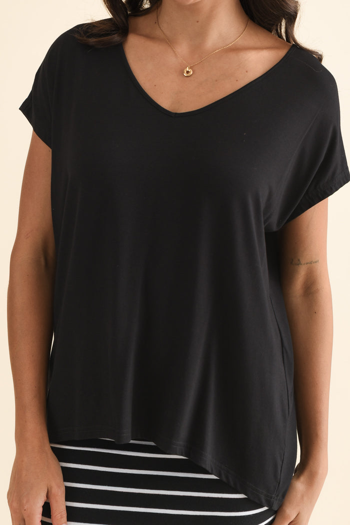 Jenner Black V Neck Tee,Brunette model,alt text|model:Brontie