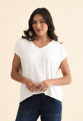 Jenner White V Neck Tee,Brunette model,alt text|model:Brontie