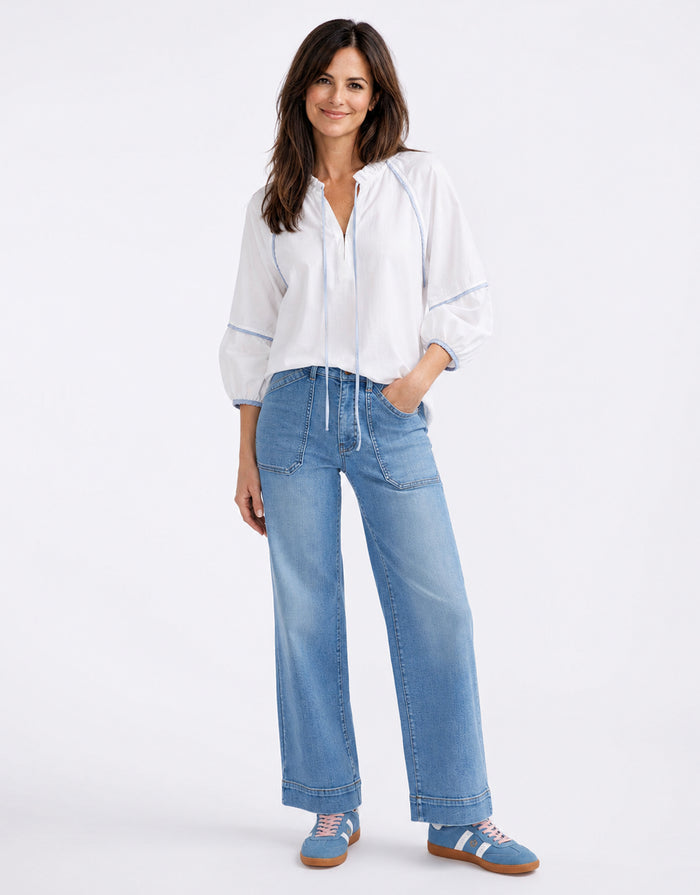 Joanne Denim Shirt - White/Blue Trim