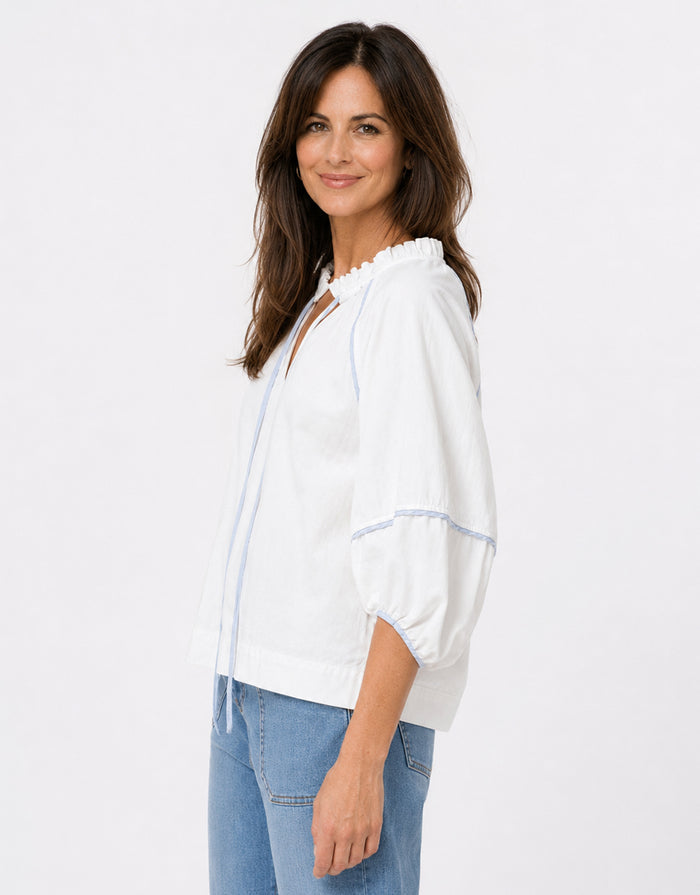 Joanne Denim Shirt - White/Blue Trim