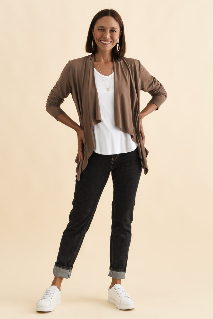 Joni Chocolate Bamboo Cardigan,Brunette model,alt text|model:Cara