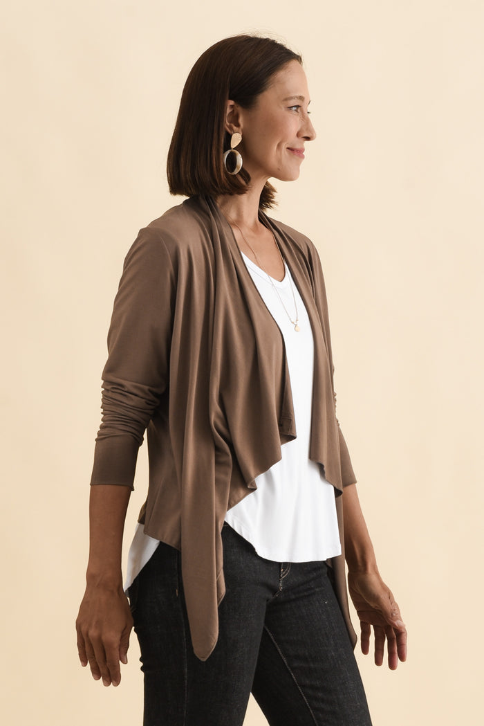 Joni Chocolate Bamboo Cardigan,Brunette model,alt text|model:Cara