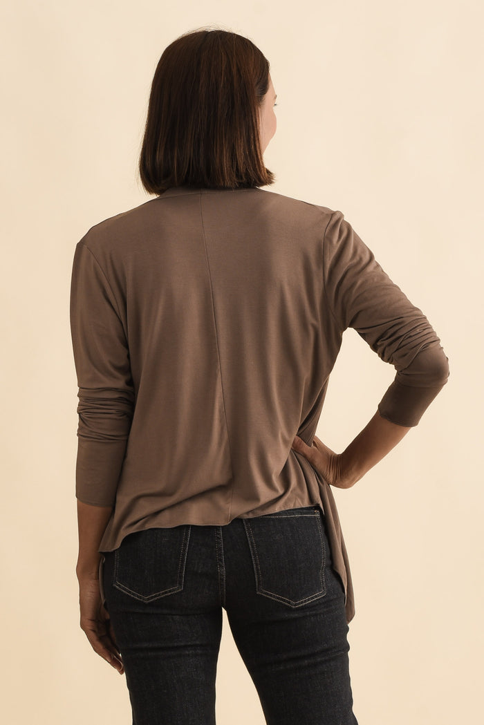 Joni Chocolate Bamboo Cardigan,Brunette model,alt text|model:Cara