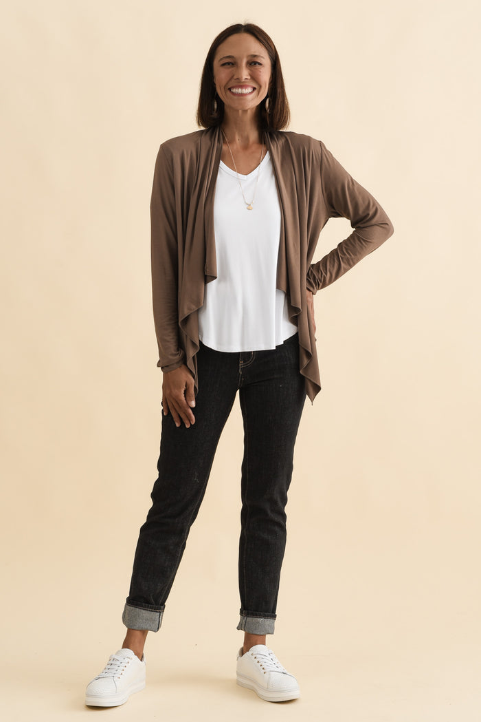 Joni Chocolate Bamboo Cardigan,Brunette model,alt text|model:Cara